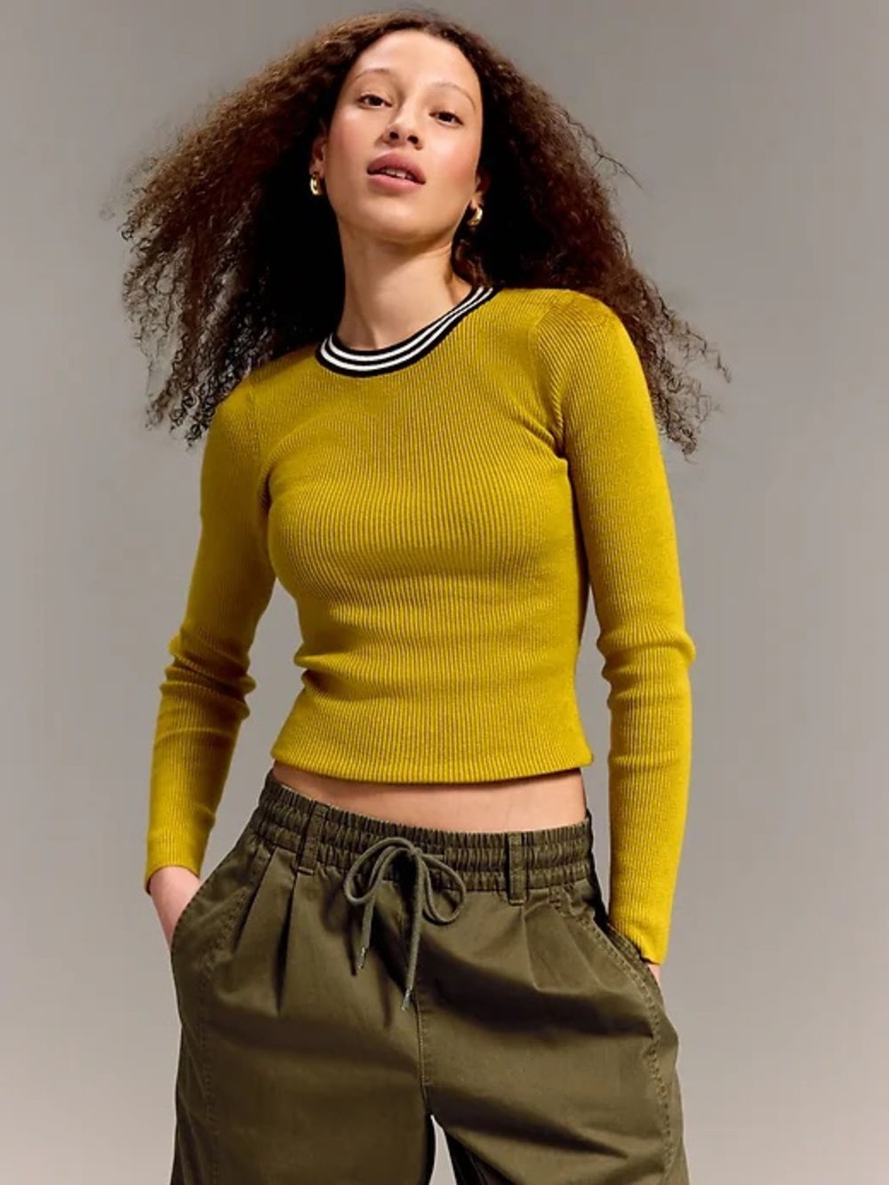 Ribbed Long-Sleeve Crop Top in Mustard